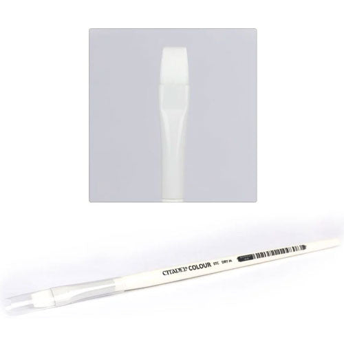 A Citadel STC Drybrush (Medium) with a white body and clear cap, labeled CITIZEN COLOUR, shown on white with tip close-up above.