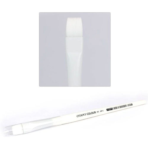 A Citadel STC Drybrush (Large) is displayed horizontally, with a close-up showing its flat tip and white synthetic bristles.