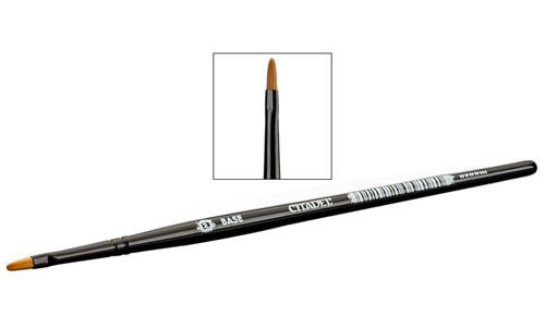 The Citadel Medium Base Brush is a black brush with a pointed brown tip, shown in horizontal and close-up views for detail.