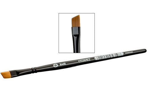 The Citadel Large Base Brush features a black handle and angled, flat bristle tip in close-up—ideal for model enthusiasts.