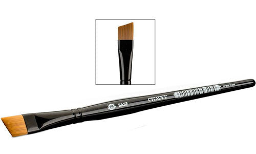 A Citadel Extra Large Base Brush by Games Workshop with a black handle, brown bristles, and an inset showing its slanted tip.