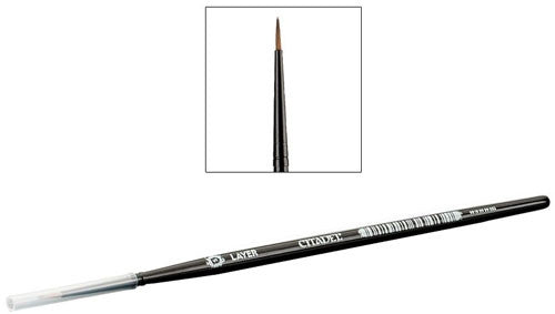 The Citadel Small Layer Brush has a fine tip, black handle, clear cap, labeled "Citadel Layer," perfect for detail work.