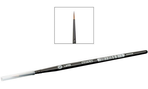 A black Citadel Medium Layer Brush from Games Workshop, featuring a fine pointed tip and transparent cap. Inset shows brush tip close-up.