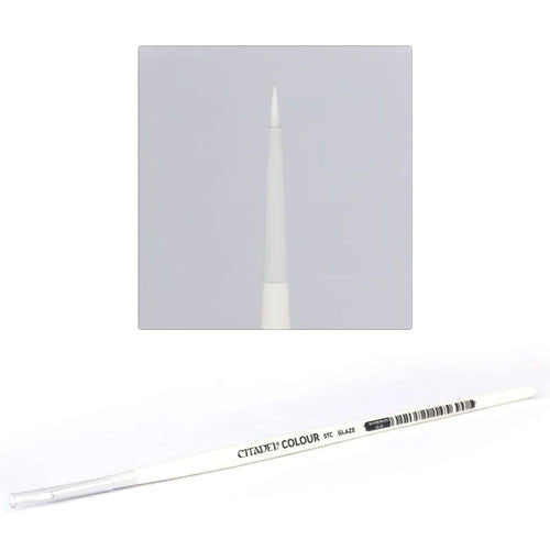 The Citadel STC Glaze Brush is a white, synthetic, fine-point paintbrush from Games Workshop, shown with its protective plastic cover and a close-up of the tip.