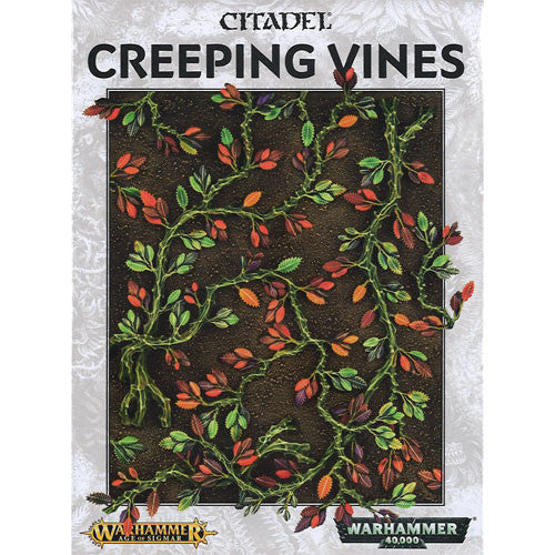 Citadel Creeping Vines box by Games Workshop for Warhammer and Warhammer 40,000 features green plastic model vines with leaves, shown on the packaging against a dark background.