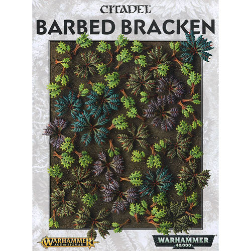 Box art for Citadel Barbed Bracken plastic scenery features detailed spiky green and purple plants on a brown background, with Warhammer and Warhammer 40,000 logos at the bottom.