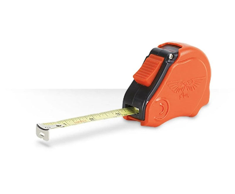 The GW Tape Measure is orange and black with a yellow auto-locking blade and an engraved eagle design, ideal for Warhammer games.