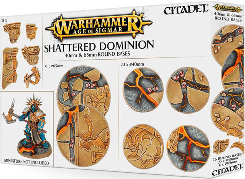 Warhammer Age of Sigmar: Shattered Dominion - 40 & 65mm Round Bases by Games Workshop feature cracked stone, skulls, and shields; miniatures not included.