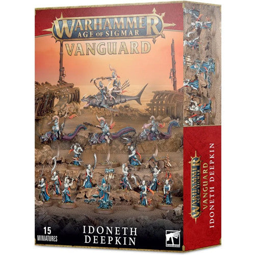 Warhammer Age of Sigmar: Spearhead - Idoneth Deepkin cover shows 15 oceanic-themed miniatures and sea creature-riding warriors.
