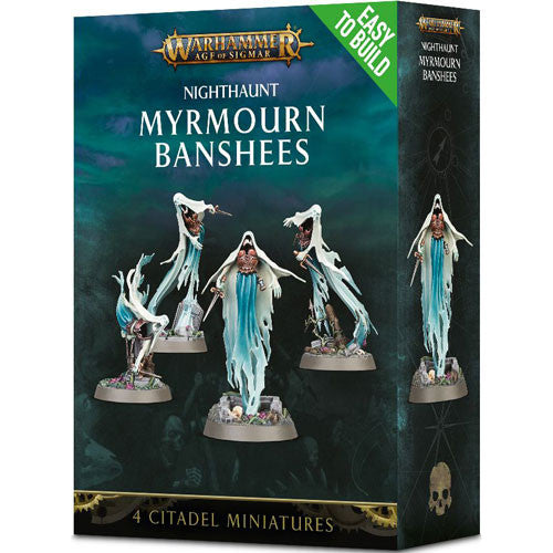 The Warhammer Age of Sigmar: Nighthaunt - Myrmourn Banshees box features cover art depicting four spectral Nighthaunt miniatures in flowing robes. Labeled as Easy to Build, the set contains 4 Citadel miniatures.