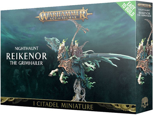 Warhammer Age of Sigmar: Nighthaunt - Reikenor, the Grimhailer is a model kit featuring an eerie spectral rider on a ghostly steed, with Easy to Build prominently displayed.