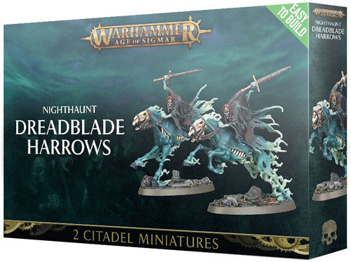 Warhammer Age of Sigmar: Nighthaunt - Dreadblade Harrows box with 2 ghostly miniatures on spectral horses, push-fit build.