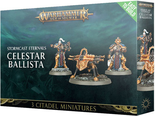 The Warhammer Age of Sigmar: Stormcast Eternals - Easy to Build Celestar Ballista box set has three painted miniatures in a green box with fantasy art and "Easy to Build" in the top right corner.