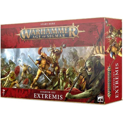 The Warhammer Age of Sigmar: Extremis Starter Set box shows Stormcast Eternals battling Kruleboyz and monsters, with a red border and gold title text on the front cover.