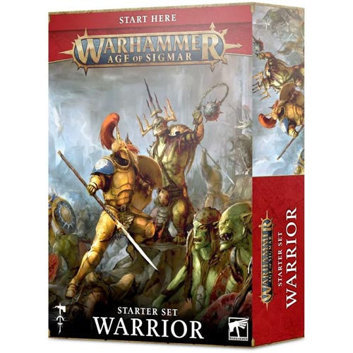 Warhammer Age of Sigmar: Warrior Starter Set by Games Workshop, featuring fantasy warriors vs. green-skinned monsters on the box. "Start Here" banner at the top.