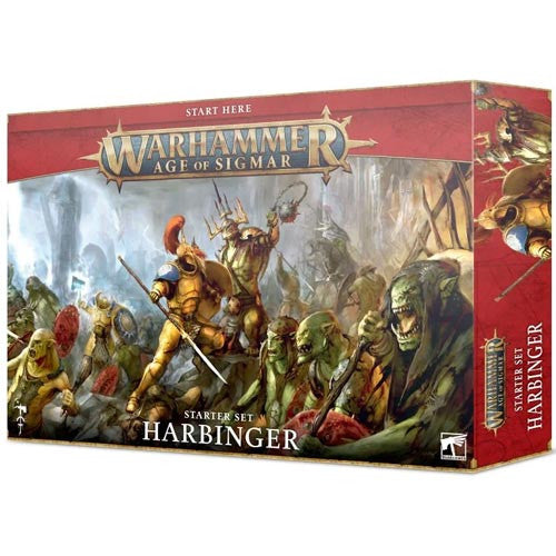 The Warhammer Age of Sigmar: Harbinger Starter Set box shows fantasy warriors battling monsters with bold red and gold borders.