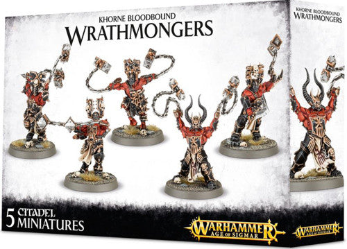 Warhammer Age of Sigmar: Khorne Bloodbound - Wrathmongers box has art of five armored figures with chains and skulls. Contains 5 unpainted Citadel miniatures.