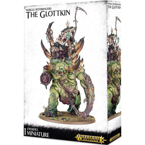 Box of Warhammer Age of Sigmar: Nurgle Rotbringers - The Glottkin with art of a green horned monster and two riders, branded packaging.