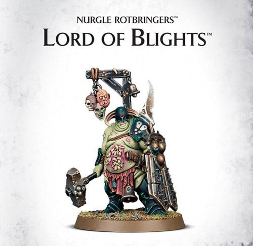 A painted Warhammer Age of Sigmar: Nurgle Rotbringers - Lord of Blights miniature displays a heavily armored, plague-themed warrior with cleaver, shield, and helmet, posed on a textured base.