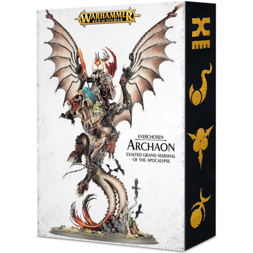 Warhammer Age of Sigmar: Everchosen - Archaon, Exalted Grand Marshal of the Apocalypse miniature box by Games Workshop, featuring a detailed unpainted model of Archaon mounted on his three-headed dragon. The packaging displays fantasy-themed artwork and prominently highlights the product name against a white background.
