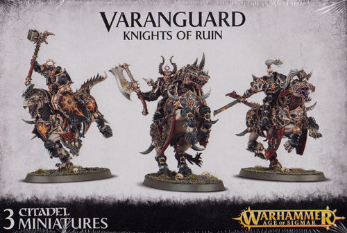 Box art for Warhammer Age of Sigmar: Varanguard Knights of Ruin shows three knights in ornate armor on demonic steeds on Citadel bases.