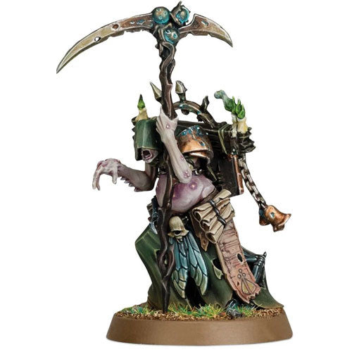 A painted Rotbringer Sorcerer miniature stands on grass, with decayed purple skin, green robes, a scythe, and bone decorations.