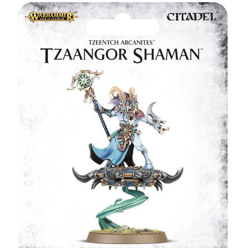 The Warhammer Age of Sigmar: Tzaangor Shaman package shows a blue and gold armored figure with horns and staff on a magical base.
