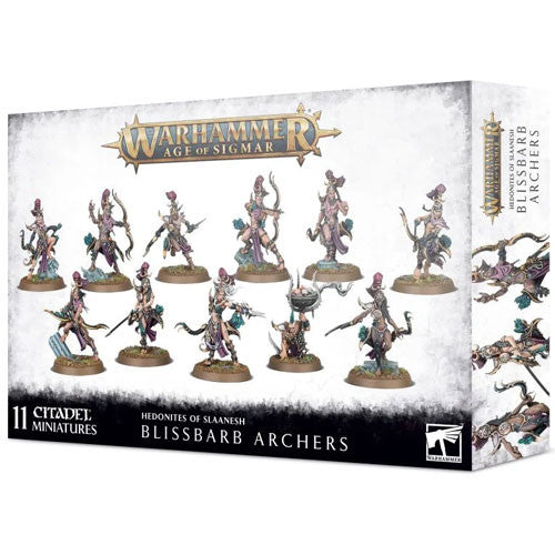 Box of Warhammer Age of Sigmar: Hedonites of Slaanesh - Blissbarb Archers plastic miniatures, featuring painted fantasy archers on the front and the Games Workshop Citadel Miniatures logo.