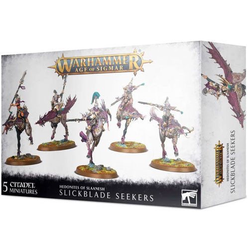 Box of Warhammer Age of Sigmar: Hedonites of Slaanesh - Slickblade Seekers miniatures from Games Workshop on display, featuring five painted Slickblade Seeker models with product branding and artwork on a white background.