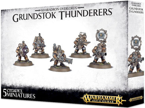Box of Warhammer Age of Sigmar: Kharadron Overlords - Grundstok Thunderers by Games Workshop, with five painted miniatures on 32mm bases and product branding on the packaging.