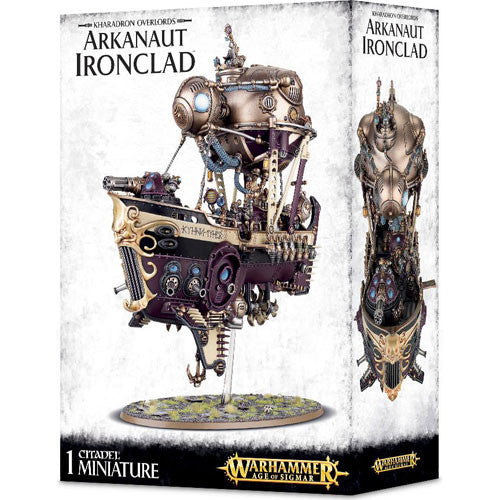 Box art for Warhammer Age of Sigmar: Kharadron Overlords Arkanaut Ironclad. This intricately detailed steampunk airship model kit from Games Workshop is pictured from side and front angles on a white background, showcasing the craftsmanship of the Kharadron Overlords Arkanaut Ironclad miniature.