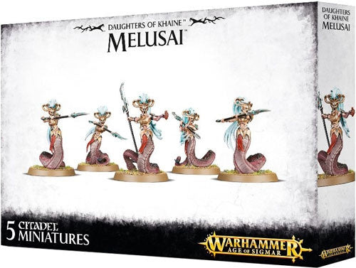 A box of Warhammer Age of Sigmar: Daughters of Khaine - Melusai miniatures with five snake-bodied warriors and product branding.