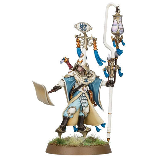 Warhammer Age of Sigmar: Lumineth Realm-Lords - Scinari Calligrave miniature, featuring an ornate armored figure with blue and white accents, holding a staff with a lantern and a scroll, standing on a grassy base.