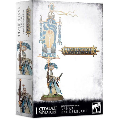 Warhammer Age of Sigmar: Lumineth Realm-Lords - Vanari Bannerblade by Games Workshop, featuring a detailed fantasy warrior miniature holding a tall, ornate banner.