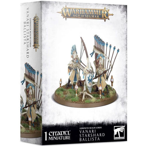 Box of Warhammer Age of Sigmar: Lumineth Realm-Lords – Vanari Starshard Ballista miniatures from Games Workshop, with packaging that showcases painted figures posed with bows and a ballista atop a grassy base, as well as official game logos and branding.