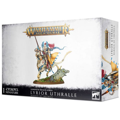 Box for Warhammer Age of Sigmar: Lumineth Realm-Lords - Lyrior Uthralle, showcasing a painted miniature of Lyrior Uthralle, the Vanari Lord Regent, mounted on a horse-like creature, with Games Workshop branding and product details on the white packaging.
