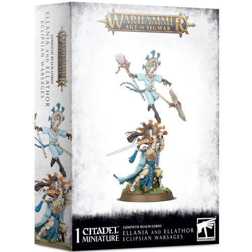 Box for Warhammer Age of Sigmar: Lumineth Realm-lords – Ellania & Ellathor, Eclipsian Warsages, featuring a painted miniature of the duo. The packaging showcases the model, Games Workshop branding, and product artwork.