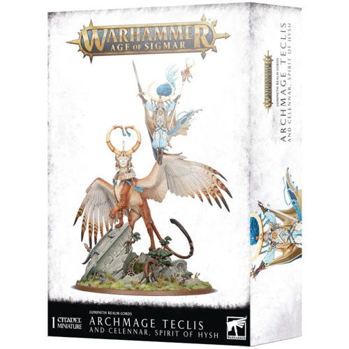 The Warhammer Age of Sigmar: Lumineth Realm-Lords - Archmage Teclis & Celennar box by Games Workshop showcases a painted miniature of Teclis and Celennar, Spirit of Hysh, riding a majestic winged creature, with the packaging prominently displaying the "Archmage Teclis and Celennar, Spirit of Hysh" title.