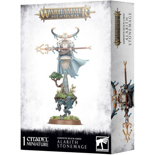 Box of the Warhammer Age of Sigmar: Lumineth Realm-Lords - Alarith Stonemage from Games Workshop. The front of the packaging displays the fully assembled and painted miniature on a scenic base, emphasizing its blue and stone-themed armor and distinctive staff.