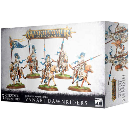 Box of Warhammer Age of Sigmar: Lumineth Realm-Lords – Vanari Dawnriders, featuring five detailed cavalry miniatures on horseback by Games Workshop, each equipped with banners and spears.
