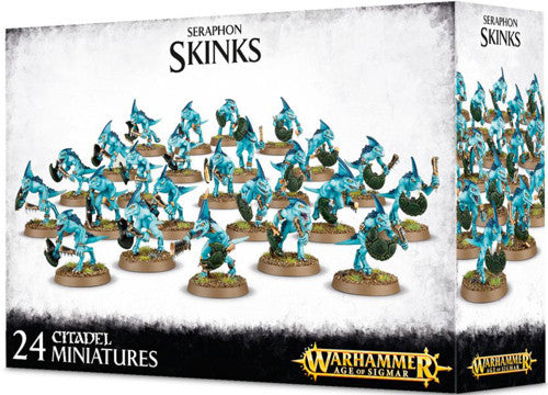 Box of Warhammer Age of Sigmar: Seraphon - Skinks by Games Workshop, featuring 24 blue lizard-like miniatures with spears and shields on 25mm round bases, assembled and painted against a white background.