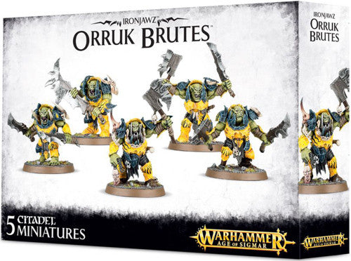 The Warhammer Age of Sigmar: Ironjawz - Orruk Brutes kit includes five orc miniatures in yellow armor with large weapons.