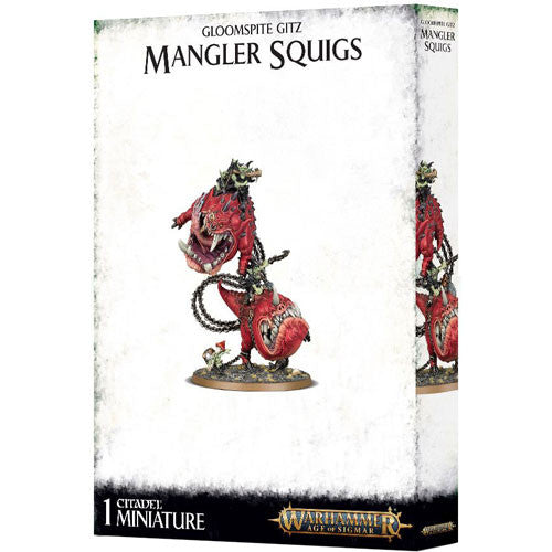 Box of Warhammer Age of Sigmar: Gloomspite Gitz - Mangler Squigs miniatures, displaying two red, goblin-ridden squigs on the white packaging with game logos and product details.