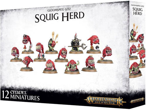Box of Warhammer Age of Sigmar: Gloomspite Gitz - Squig Herd miniatures by Games Workshop, 12 painted squigs and goblins, product name and branding visible on a white background.