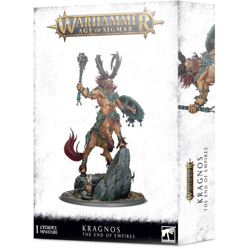 Box for Warhammer Age of Sigmar: Kragnos, the End of Empires displays the detailed centaur-like Kragnos miniature with horns and a club standing on rocky terrain.