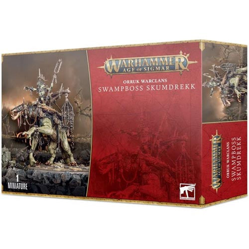 Warhammer Age of Sigmar: Orruk Warclans - Swampboss Skumdrekk features an assembled and painted Snatchaboss on Sludgeraker Beast, with official game branding and product details.