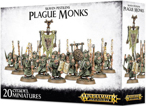 A box of Warhammer Age of Sigmar: Skaven Pestilens – Plague Monks with 20 painted rat-like miniatures in green robes and weapons.
