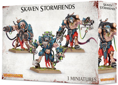 Warhammer Age of Sigmar: Skaven Stormfiends box by Games Workshop features three armored, rat-like miniatures with mechanical weapons on bases, showcased painted and posed on the front packaging.