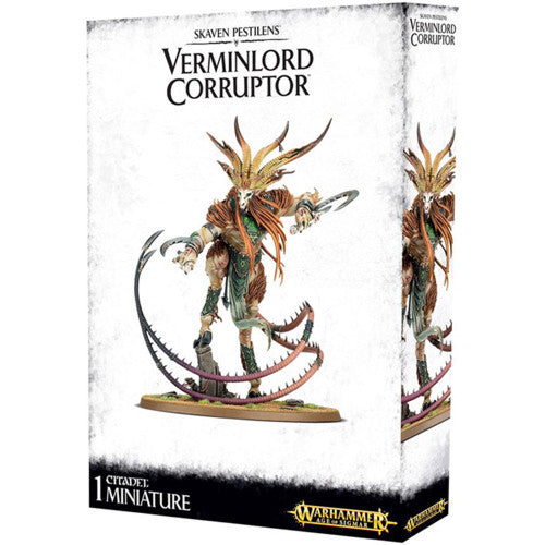 Box of Warhammer Age of Sigmar miniatures featuring the Skaven Pestilens Verminlord, which can be assembled as a Corruptor, Warbringer, Warpseer, Deceiver, or Verminking—a rat-like demon with large curved blades, spiked armor, and horns. The white Games Workshop packaging displays the Citadel Miniature label, making it ideal for collectors or miniature assembly enthusiasts.