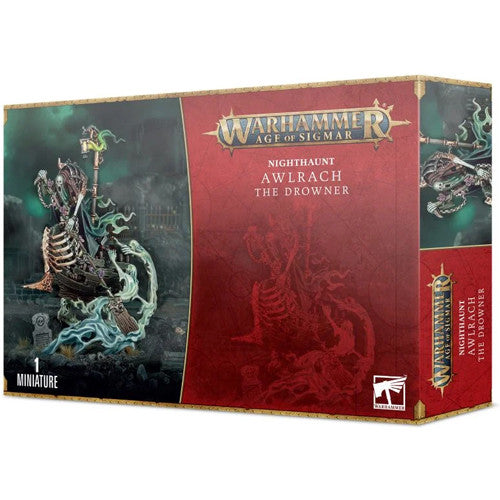 The Warhammer Age of Sigmar: Nighthaunt - Awlrach the Drowner box shows a detailed miniature on a skeletal boat with swirling green effects.